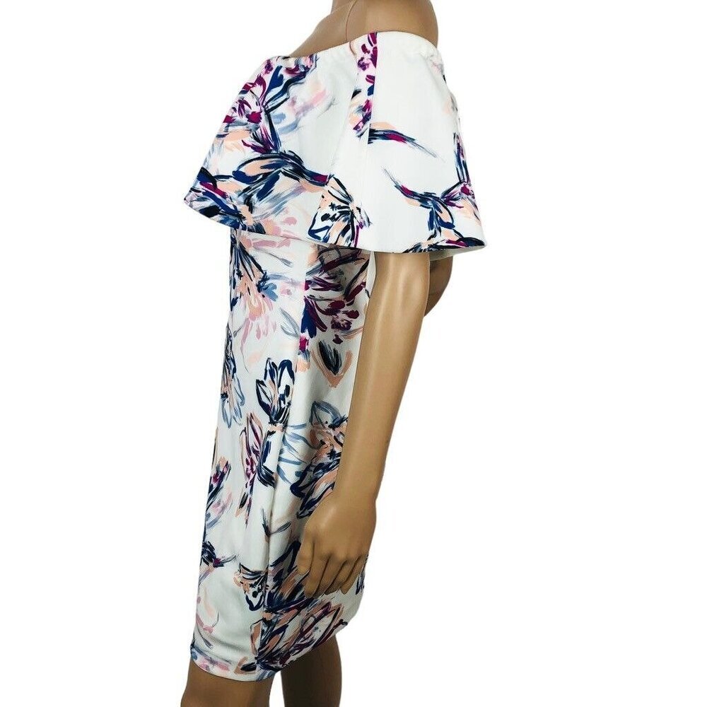 Badgley Mischka Floral Off Shoulder Formal Evening Dress Layered Sheath Mini 4 - Picture 6 of 9